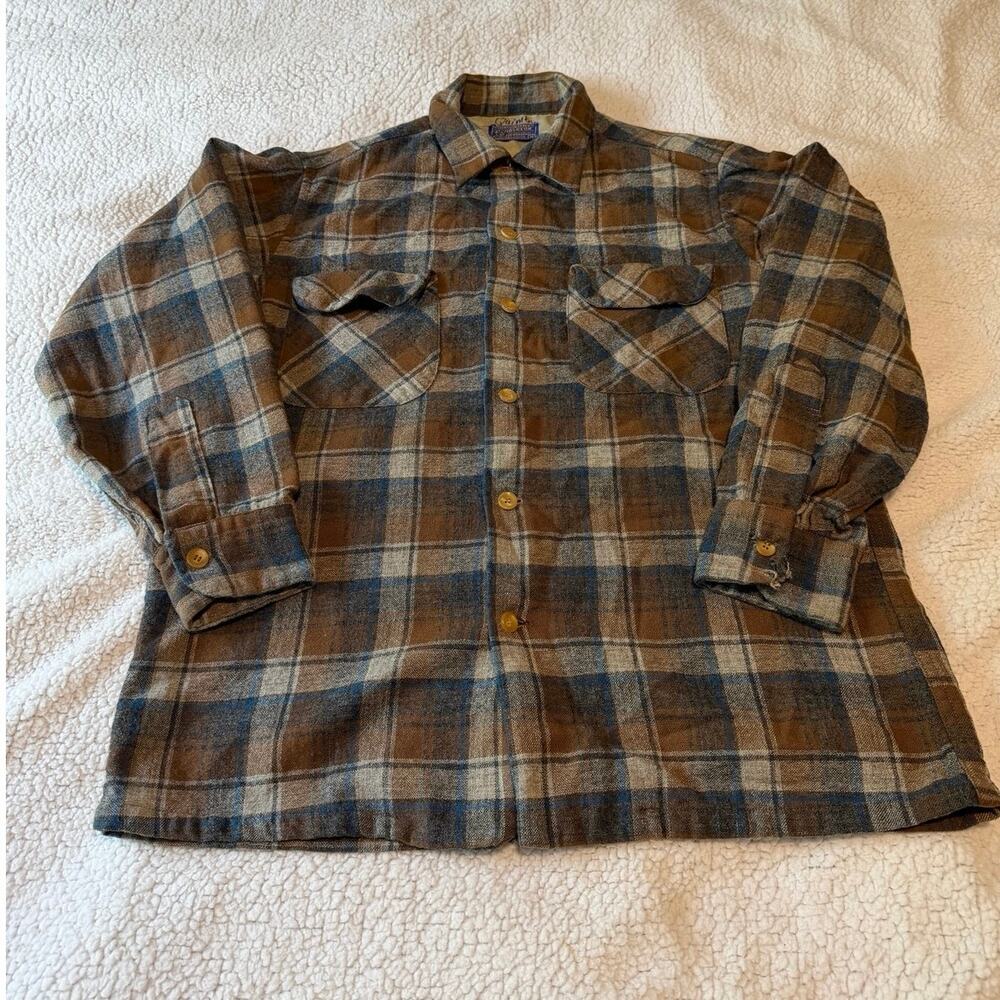VTG 1960s Pendleton Wool Board Shirt Size M - Brown Blue Shadow Plaid Cuff Flaw